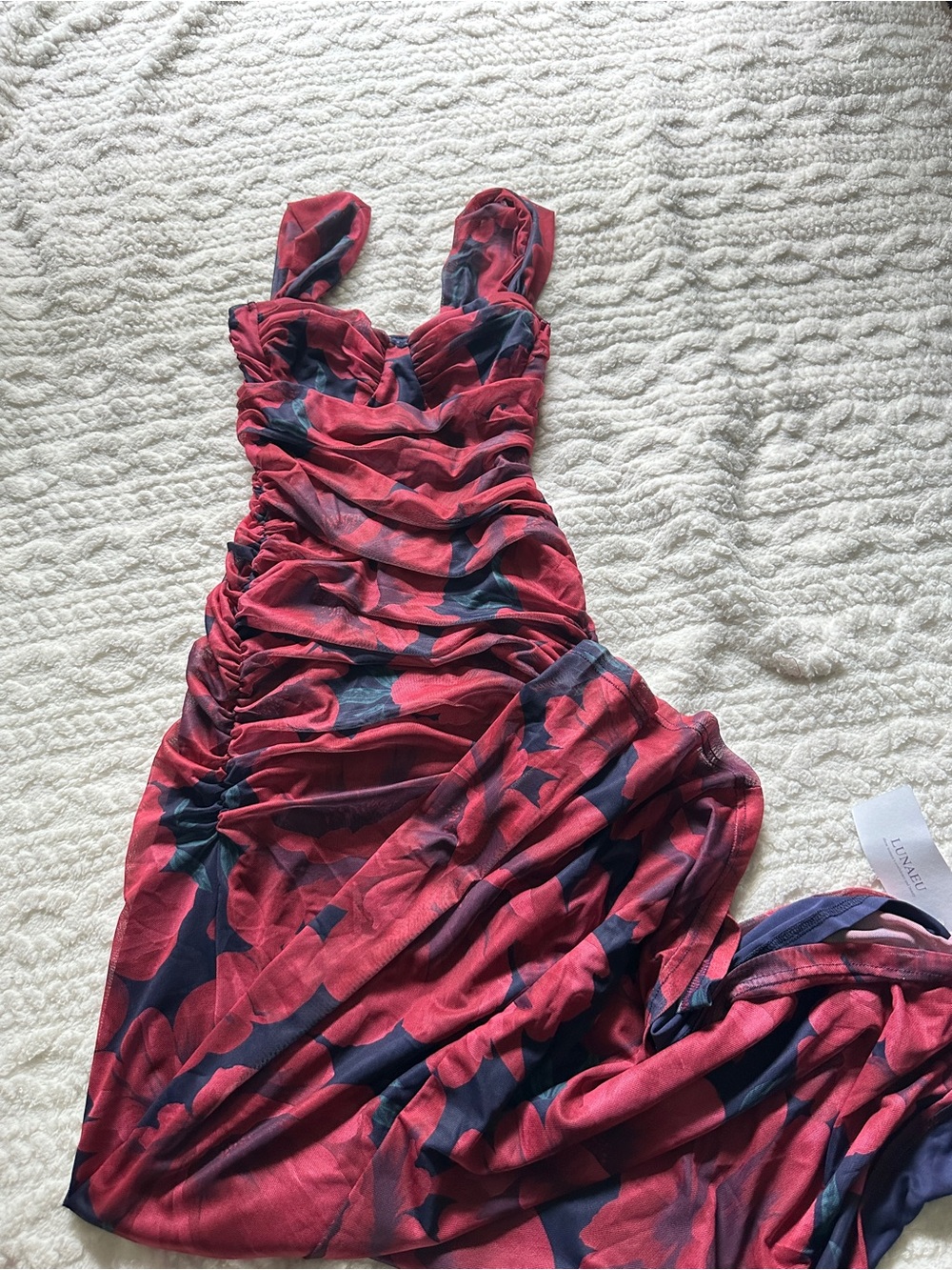 Red Floral Ruched Sleeveless Dress